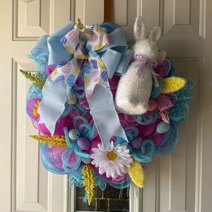 Colorful Easter Wreath with Bunny and Bow